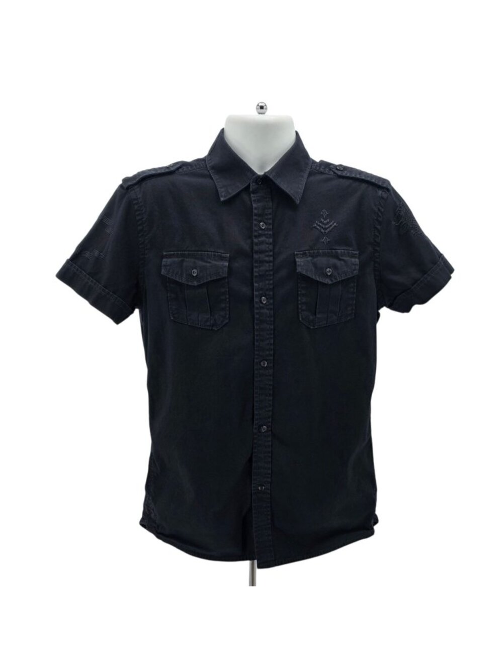 Diesel Mens Large Shirt Embroidered Short Sleeve Military Utility Black Button